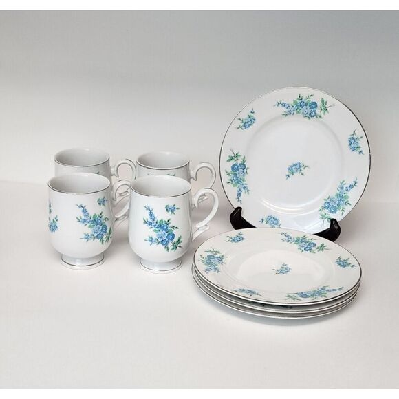 8Pcs set of Royalton Translucent Porcelain Blue Floral Design Cluster Pansies - Picture 1 of 9